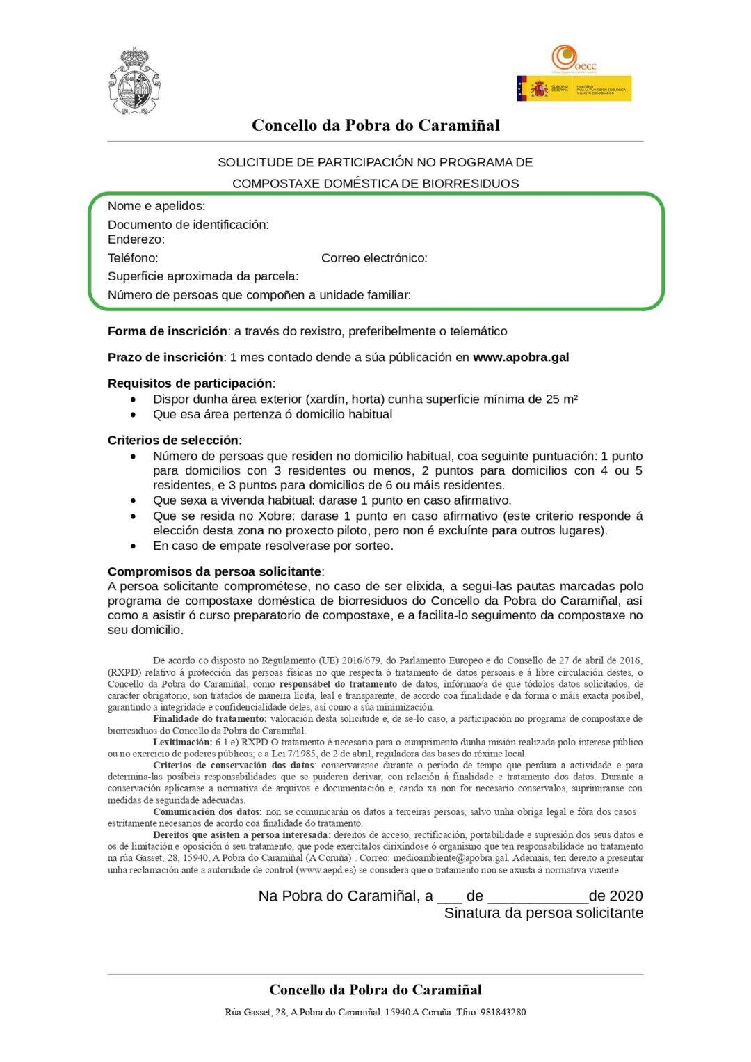Documento de solicitude para a participación na compostaxe doméstica ...